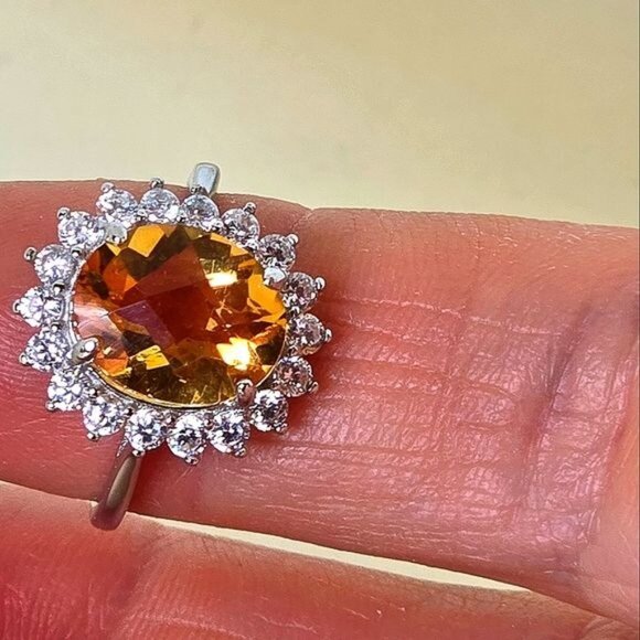 925 Sterling Silver Ring Sz 6.75 with Natural Citrine 12x10mm & CZ - Picture 3 of 8